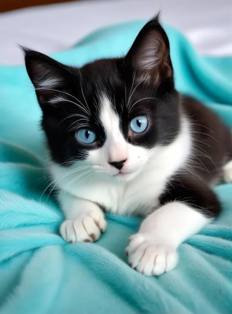 Un gattino bianco e nero su una coperta azzurra